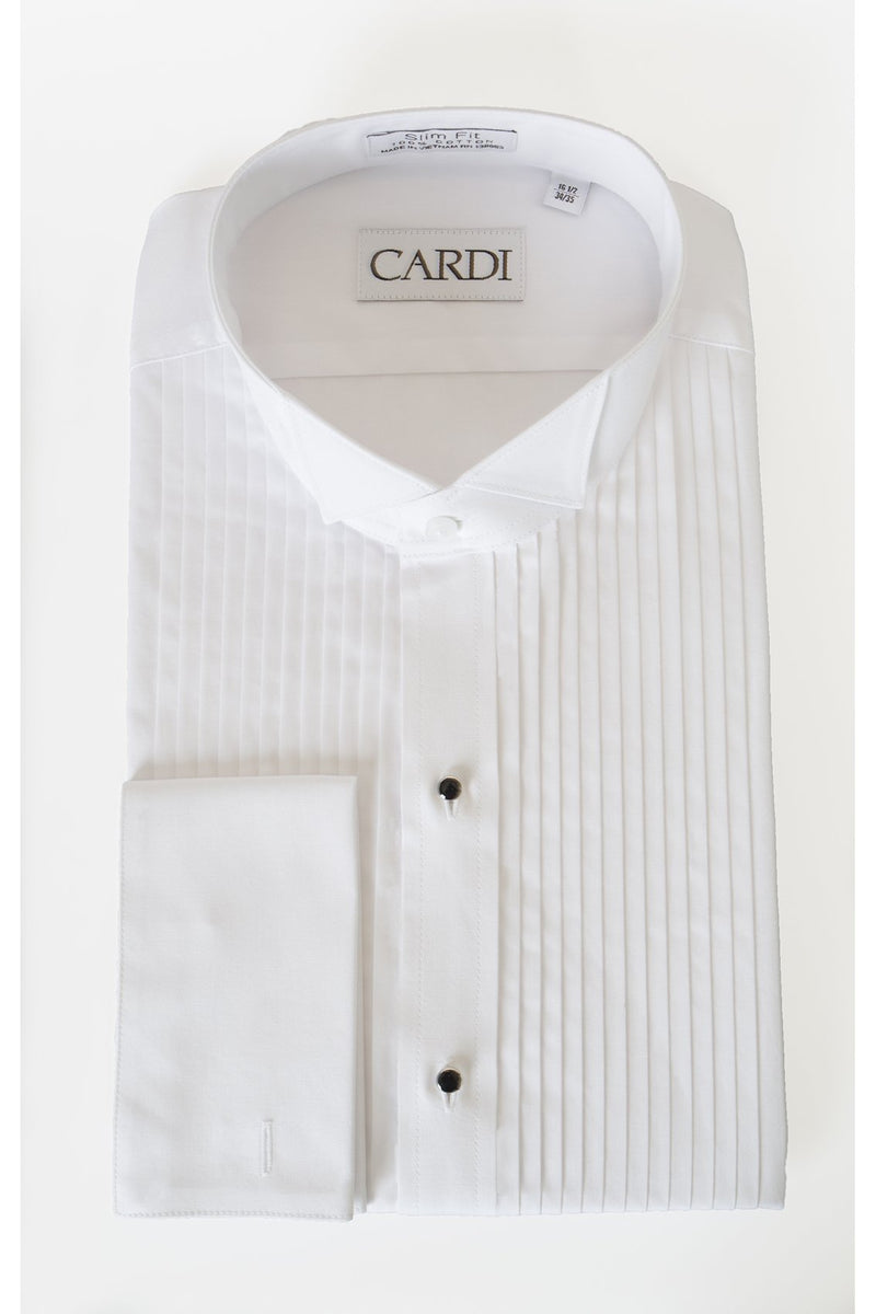 Men's Pleated Tuxedo Shirt - Wing Tip Collar, French Cuff, Formal Dress Shirt For Weddings & Events