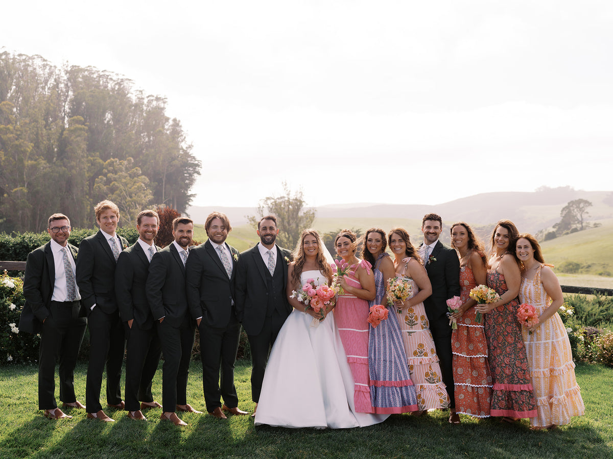 Danielle and Derick with their wedding party in olive-green suits and colorful dresses against rolling hills.
