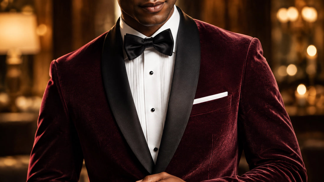 Close editorial view of a merlot velvet dinner jacket with a black shawl lapel, white tuxedo shirt, and black bow tie in warm