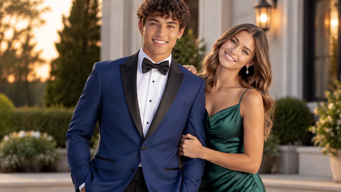 A stylish prom couple in a sharply tailored cobalt-blue tuxedo and elegant formal dress outdoors in warm evening light