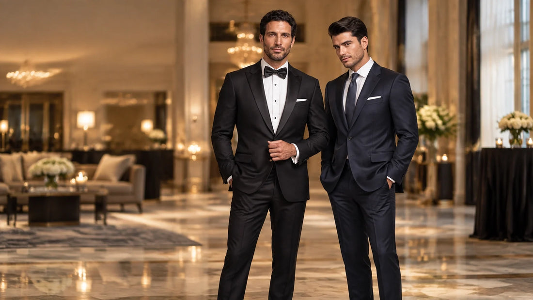 A tuxedo and a dark formal suit representing the two options for a black tie optional event