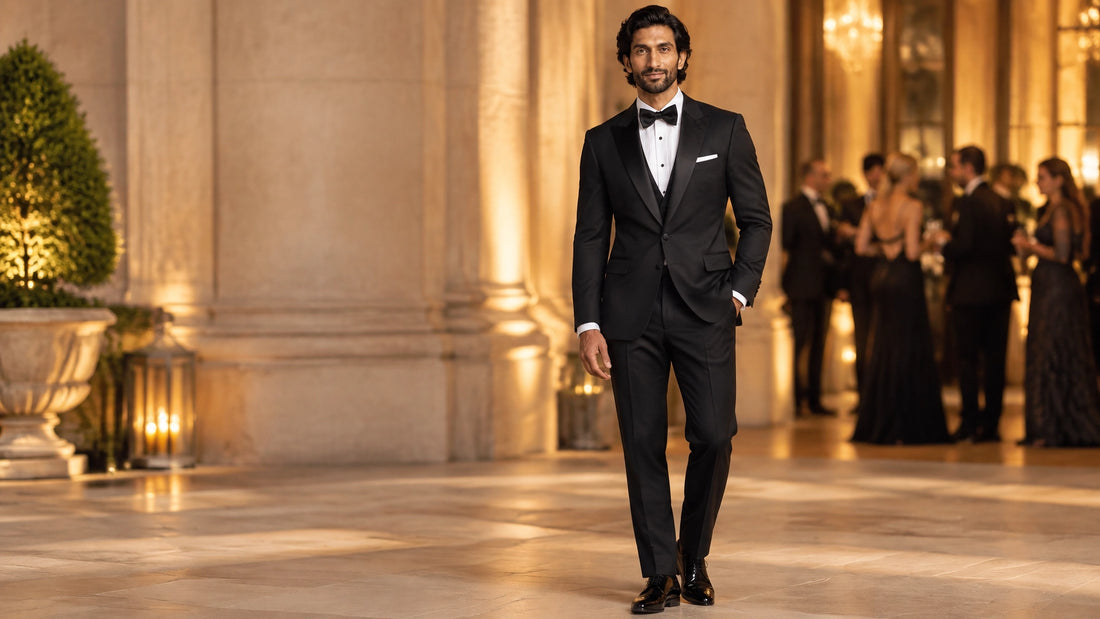 Man wearing a classic black tuxedo with a white formal shirt and black bow tie at an elegant evening event