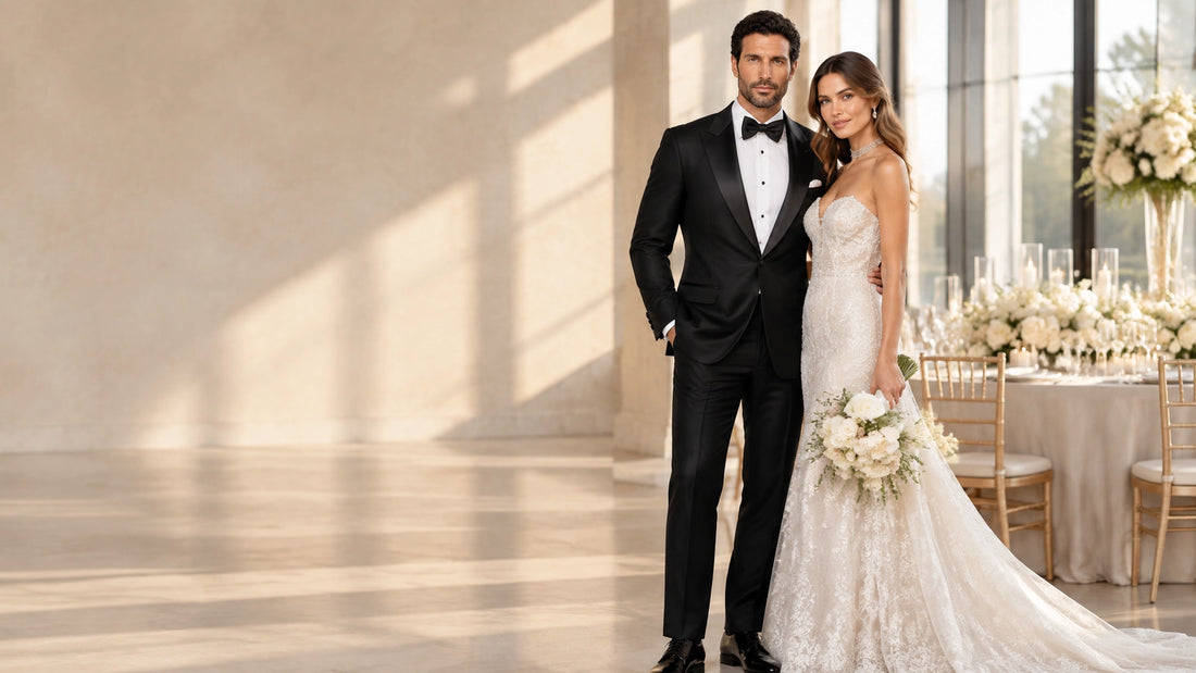 Groom in a classic black tuxedo beside his bride at an elegant wedding reception