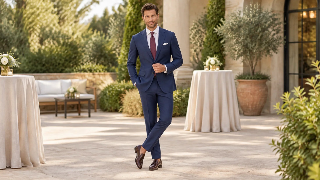 Man in a tailored navy suit, white dress shirt, burgundy tie, and pocket square at an elegant cocktail reception