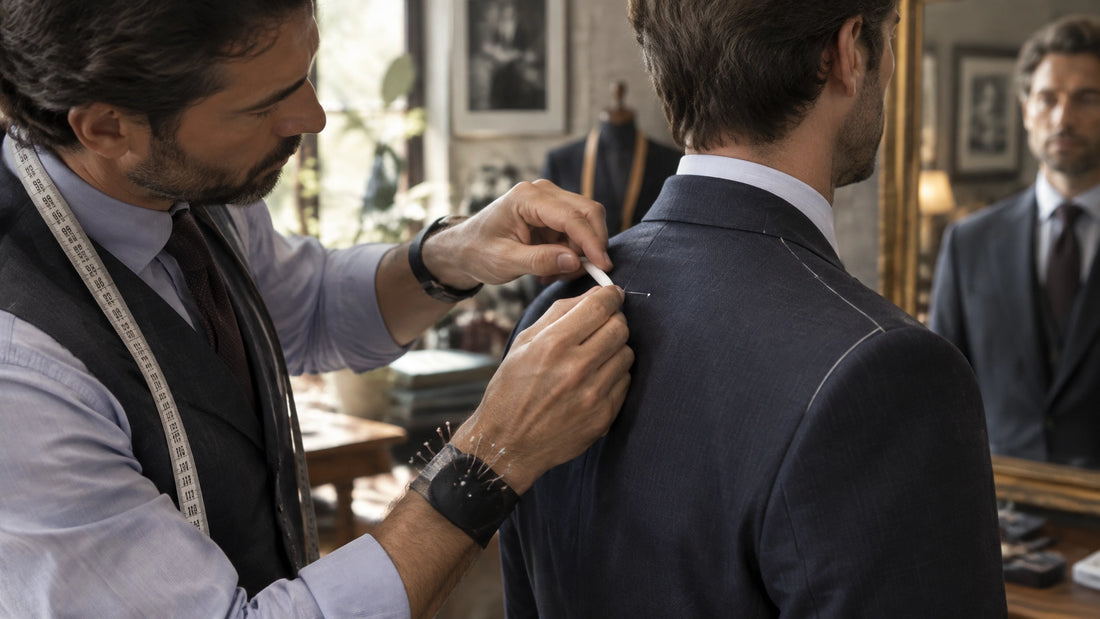 Tailor marking the shoulder seam of a suit jacket during a fitting in an elegant atelier