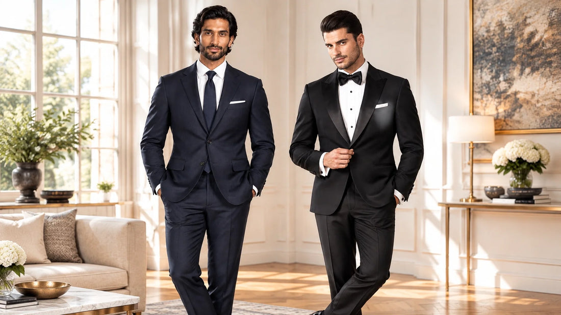 Two men comparing a modern navy suit and a classic black tuxedo in an elegant interior