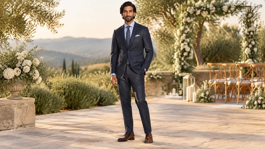 Well-dressed male wedding guest in a tailored navy suit at an elegant outdoor wedding venue