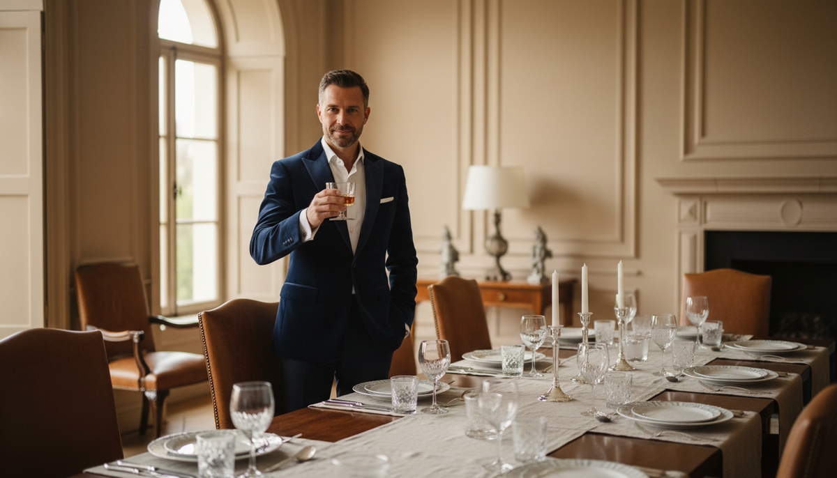 A man in a tuxedo holding up a glass.