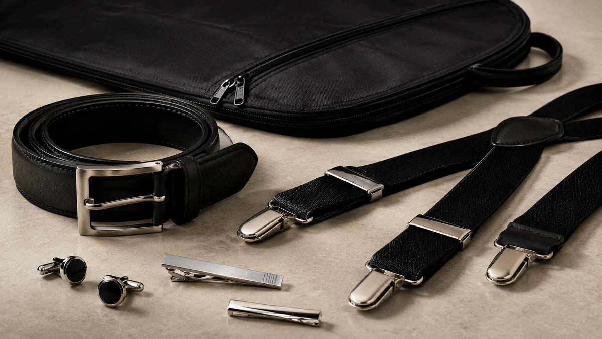 A men's accessory set arranged on a neutral beige surface, including a black belt with a silver buckle, black suspenders with silver clips, a black zippered bag, cufflinks, a tie bar, and a tie clip.