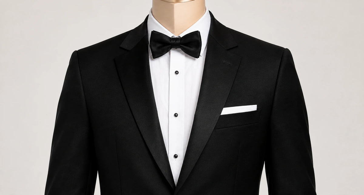 A black tuxedo jacket displayed on a mannequin torso, styled with a white dress shirt, black bow tie, and white pocket square against a light gray background.