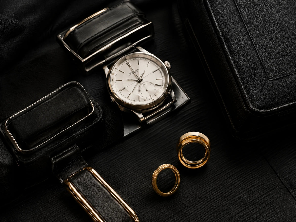 A luxury watch with a silver-toned metal case, white dial, and black leather strap, displayed alongside two gold rings on a dark textured surface.