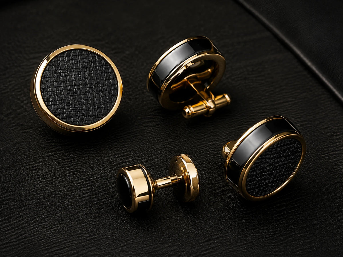 A pair of round men's cufflinks with a black textured inlay and polished gold-tone metal borders, shown on a dark textured background.
