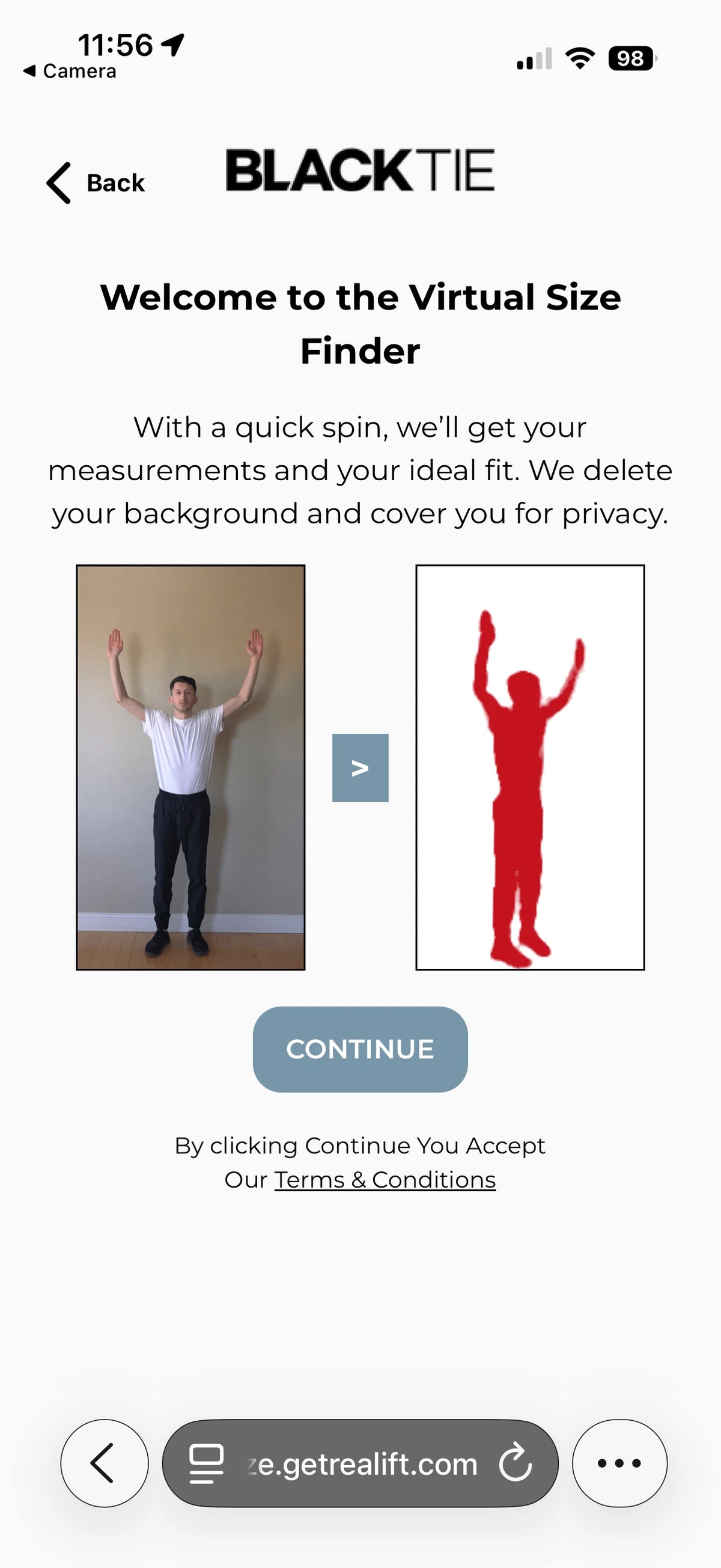 A mobile app screenshot for BLACK TIE showing the 'Virtual Size Finder' page, with text explaining measurement use, a small photo of a person standing indoors, a red silhouette graphic, and a blue 'CONTINUE' button.