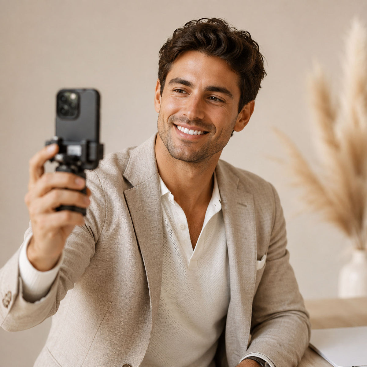 Man in a beige jacket holding a smartphone.