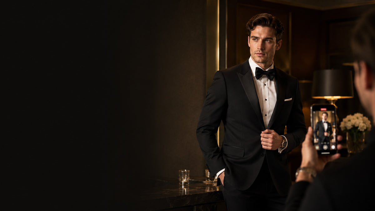 Man in a black tuxedo being photographed with a smartphone.