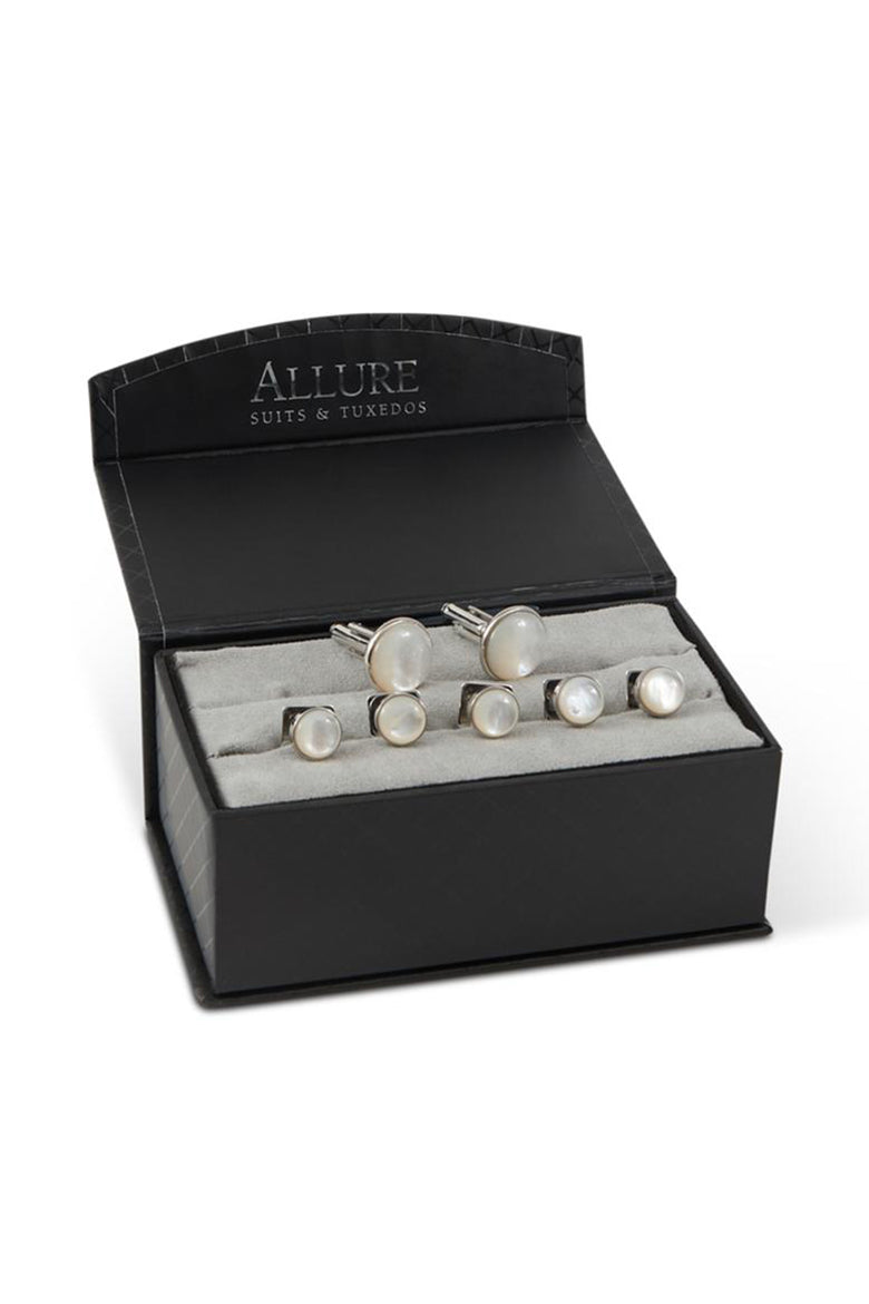 Allure Men White Mother of Pearl in Silver Setting Studs and Cufflinks Set