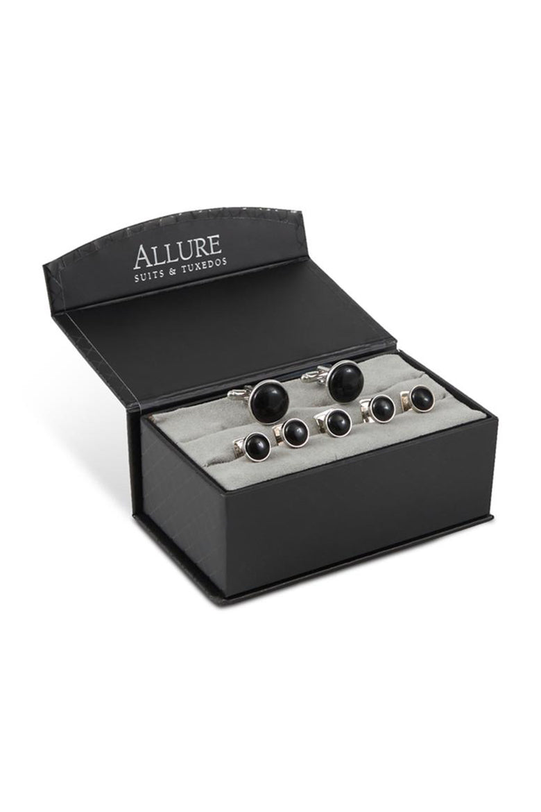 Allure Men Black Circular Onyx  in Silver Setting Studs and Cufflinks Set