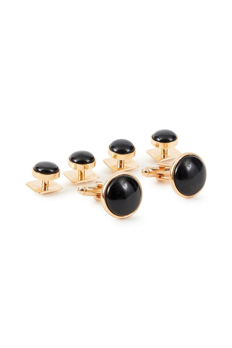 Allure Men Black Circular Onyx  in Gold Setting Studs and Cufflinks Set