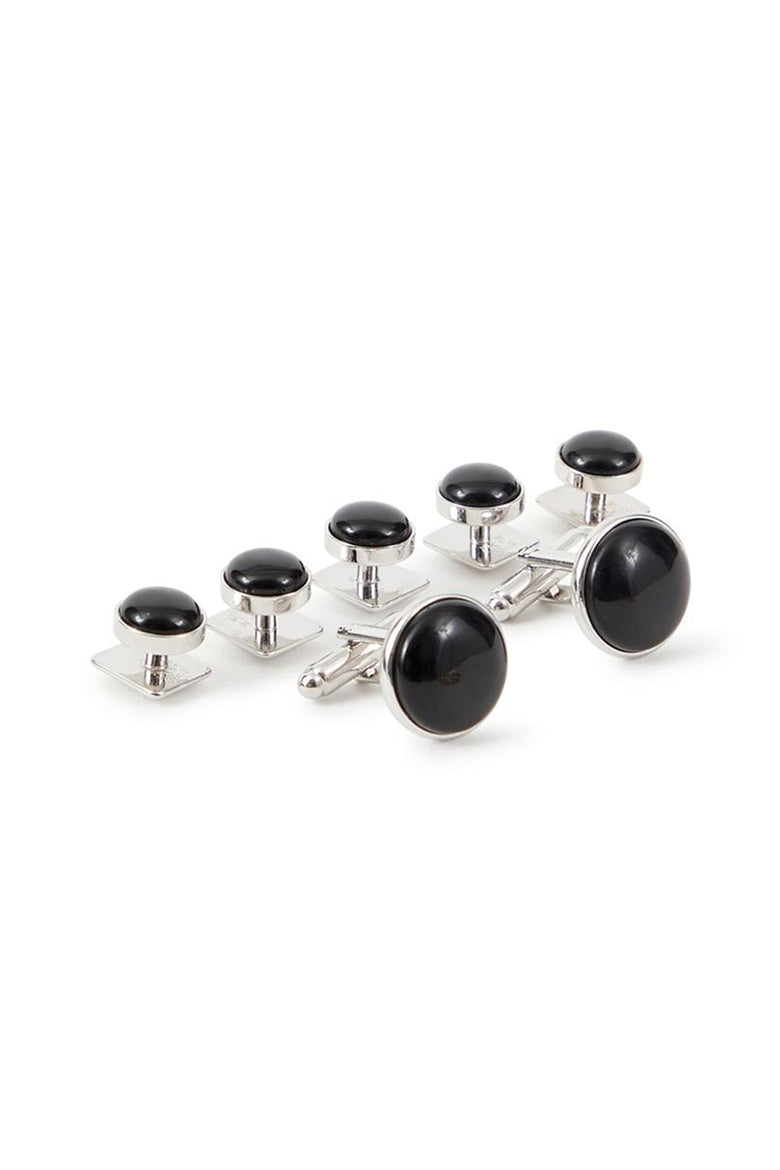Allure Men Black Circular Onyx  in Silver Setting Studs and Cufflinks Set