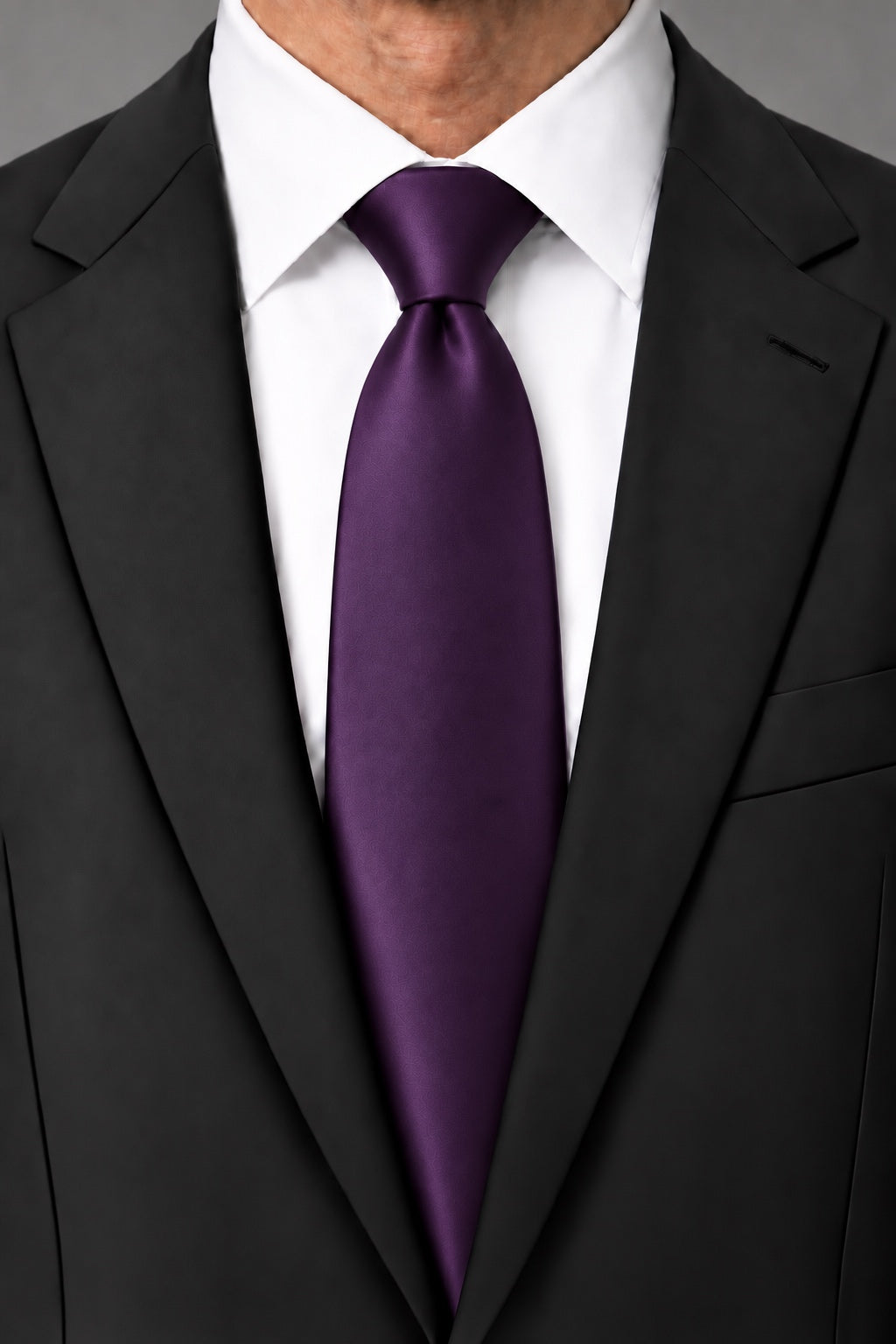 Amethyst Luxury Satin Necktie worn with a charcoal suit and white shirt