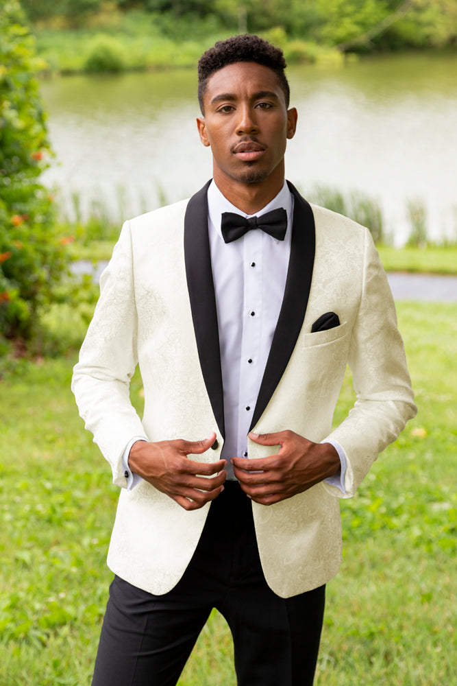 Mark of Distinction Aries Ivory Paisley Black Lapel Shawl Tuxedo Jacket (Separates) 56R Modern Mark of Distinction Aries Ivory Paisley Black Lapel Shawl Tuxedo Jacket (Separates) 56R Modern