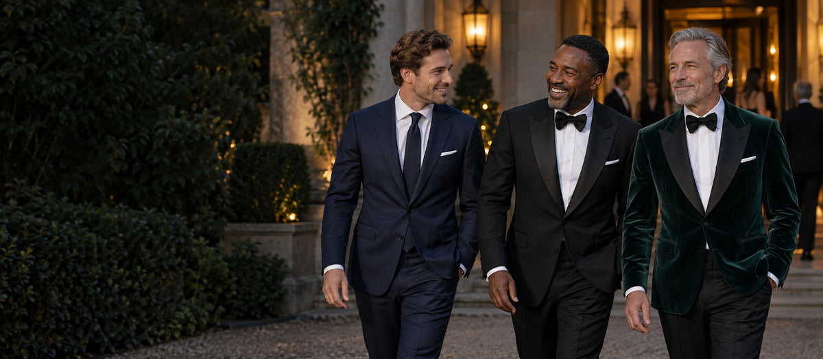 Three men wearing a navy suit, black tuxedo, and dark green velvet dinner jacket outside an evening event.