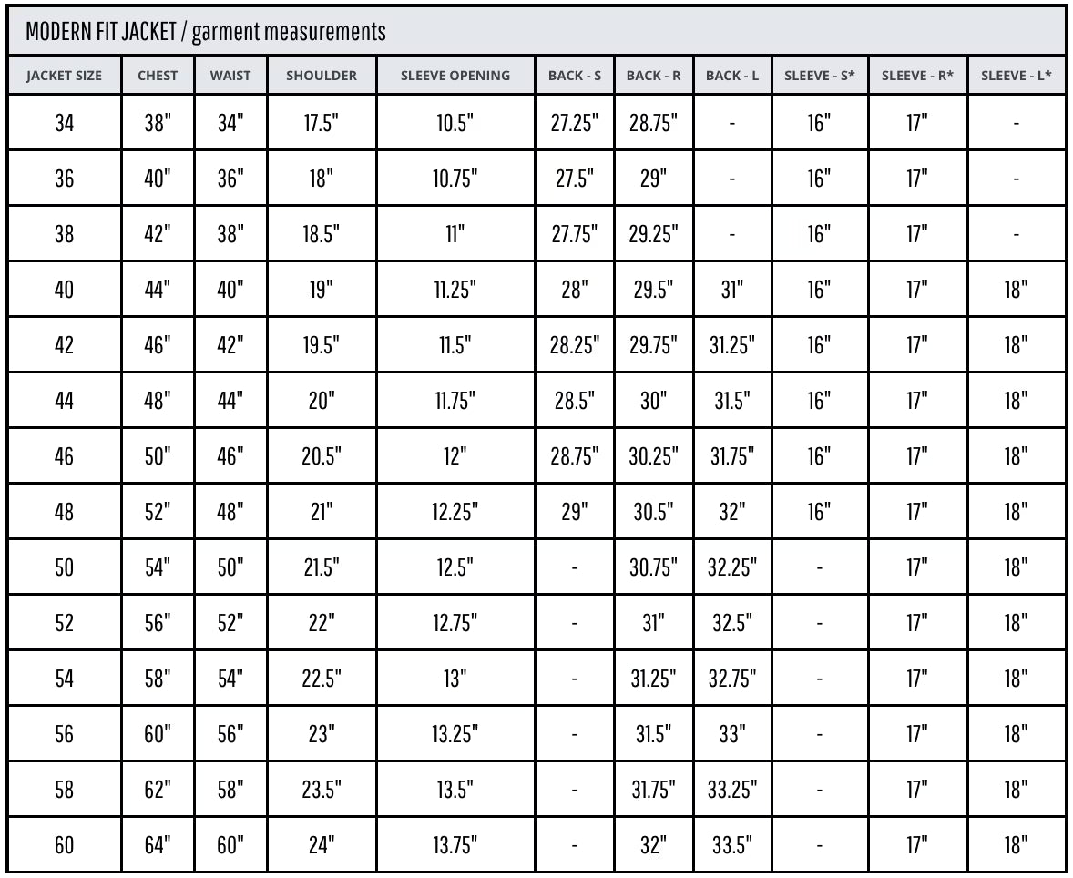 Measurement chart for modern fit jackets with size and dimensions listed.