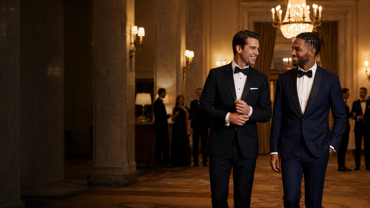 Two men in formal eveningwear walking and smiling in an elegant indoor ballroom. One wears a black tuxedo with a white shirt and black bow tie, and the other wears a dark navy tuxedo with a white shirt and black bow tie.