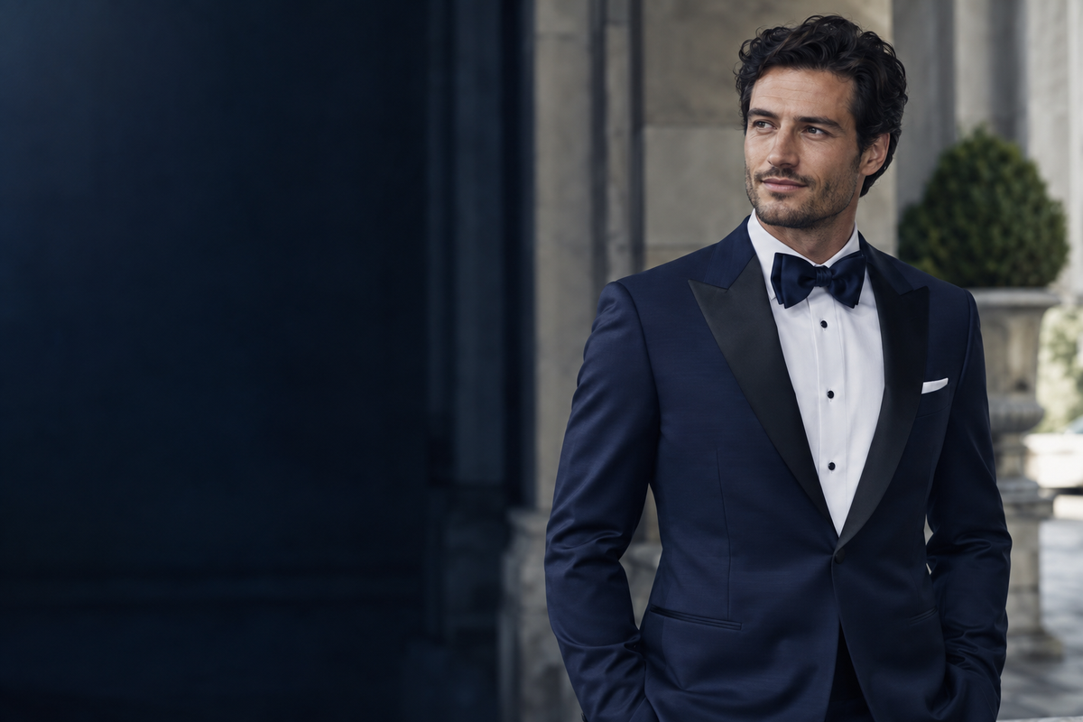 A man wearing a navy blue tuxedo with black satin lapels, a white dress shirt, and a black bow tie, standing outdoors against a blurred stone building background.