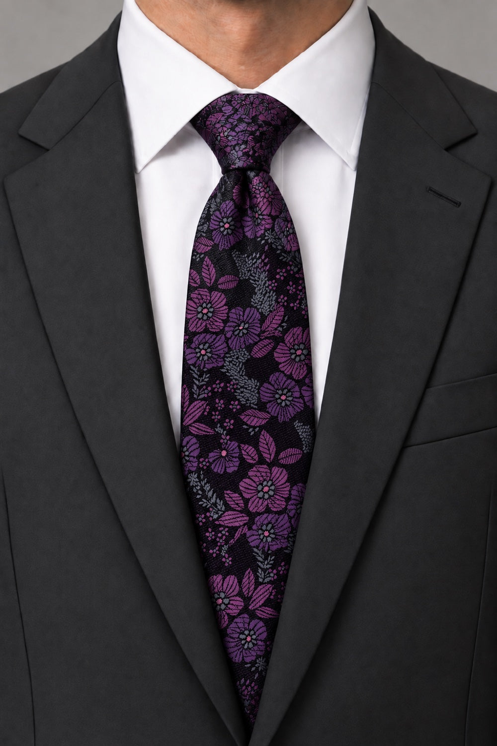 Ted Stanford Charcoal & Wildberry Blossom Floral Necktie