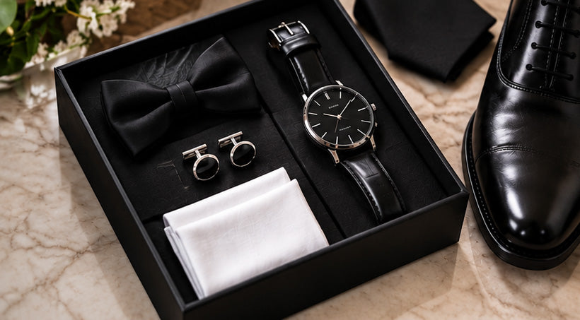 A men's formal accessory gift set in a black presentation box, featuring a black leather watch with a black strap, a black bow tie, silver cufflinks, a white pocket square, and a folded white cloth. A black dress shoe is partially visible on a beige marble surface.