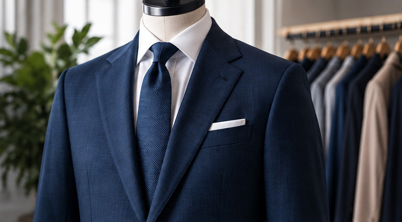 A navy blue textured suit jacket displayed on a mannequin torso, styled with a white dress shirt, matching navy tie, and white pocket square, with a clothing rack in the background.