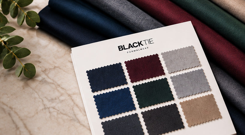 A fabric color swatch card labeled BLACKTIE FINEWEAR, showing multiple fabric swatches in navy, burgundy, gray, green, charcoal, and beige, arranged on a marble surface with folded fabrics in the background.