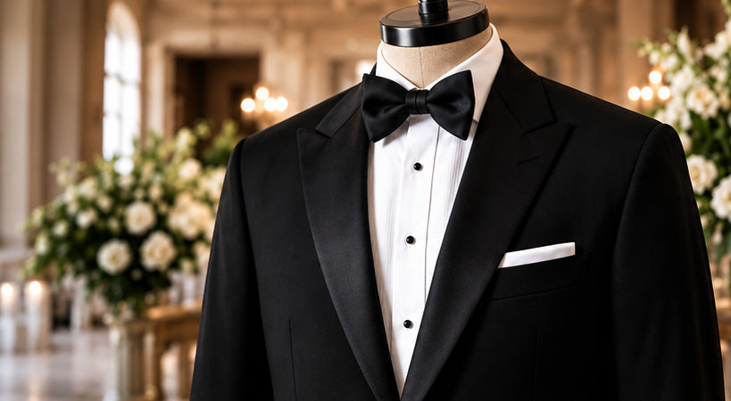 A black tuxedo jacket displayed on a mannequin torso with a white dress shirt, black bow tie, and white pocket square, set against a softly blurred indoor event background with floral arrangements.
