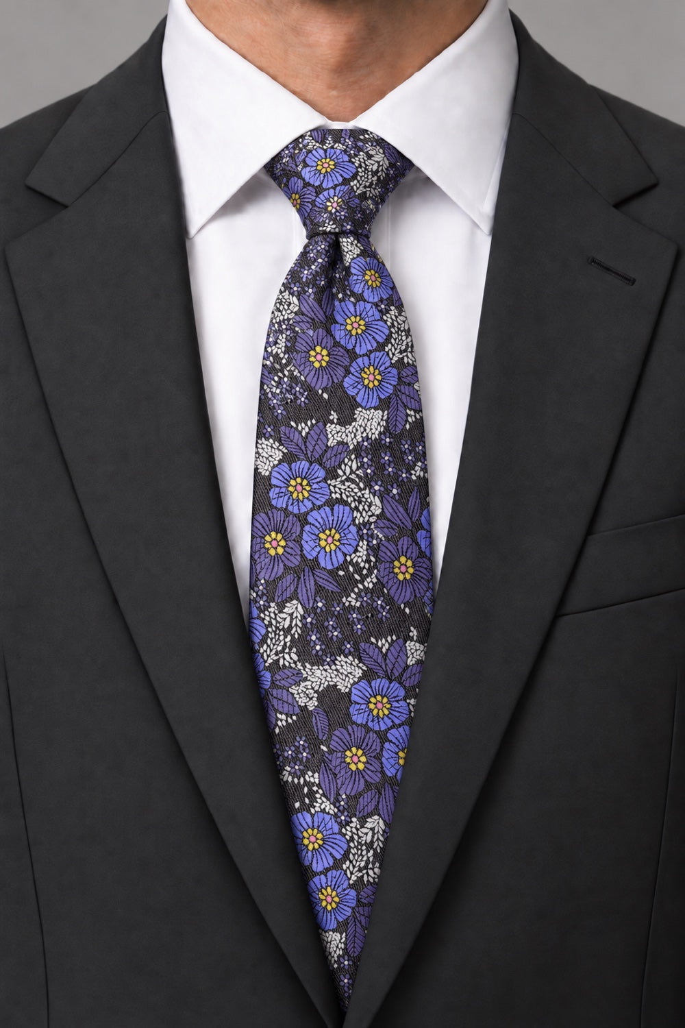 Ted Stanford Dark Grey & Purple Blossom Floral Necktie