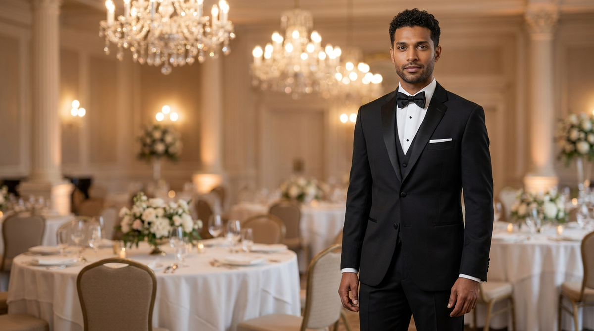 A man wearing a black tuxedo with a black bow tie and white dress shirt stands in a grand, elegantly decorated ballroom with chandeliers and round tables.