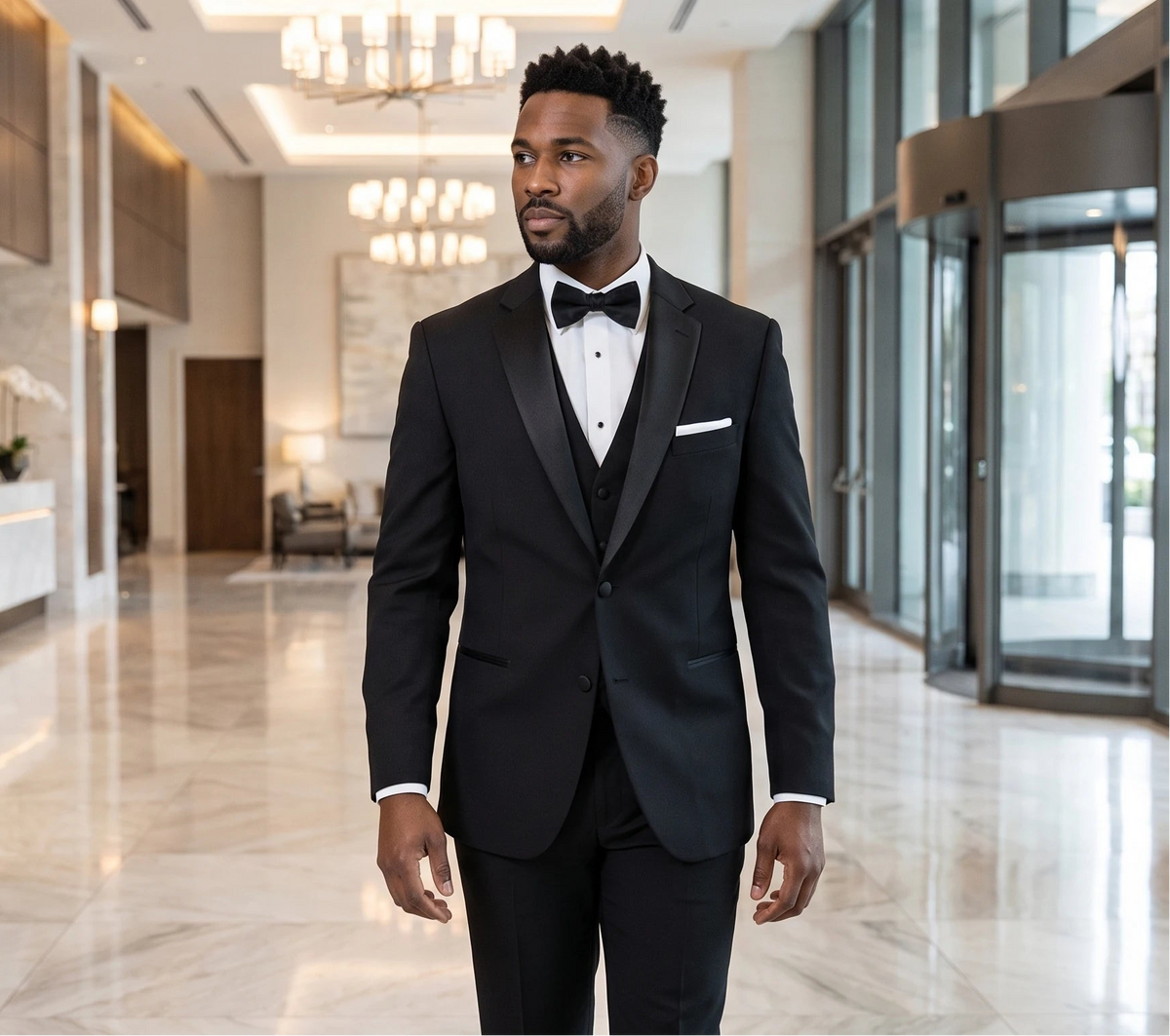 A man wearing a black tuxedo with a white dress shirt, black bow tie, and white pocket square walks through a modern, upscale hotel lobby with polished marble floors and glass revolving doors.