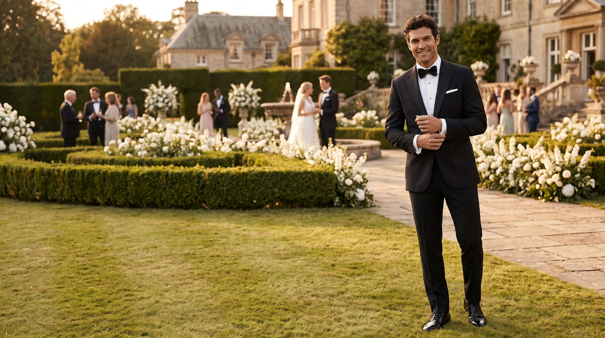 A man in a black tuxedo with a white shirt and black bow tie stands on a manicured lawn at a grand estate, with guests and a garden pavilion visible in the background.