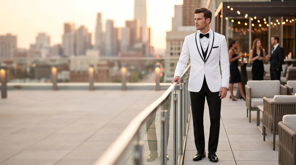 A man wearing a white tuxedo jacket with black satin lapels, a black bow tie, and black trousers stands on a rooftop terrace at sunset with a city skyline in the background.