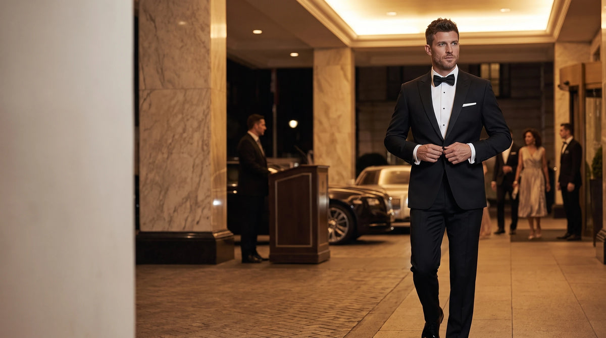 A man in a black tuxedo with a white shirt and black bow tie walks through a hotel lobby, with marble columns, other guests, and a car in the background.