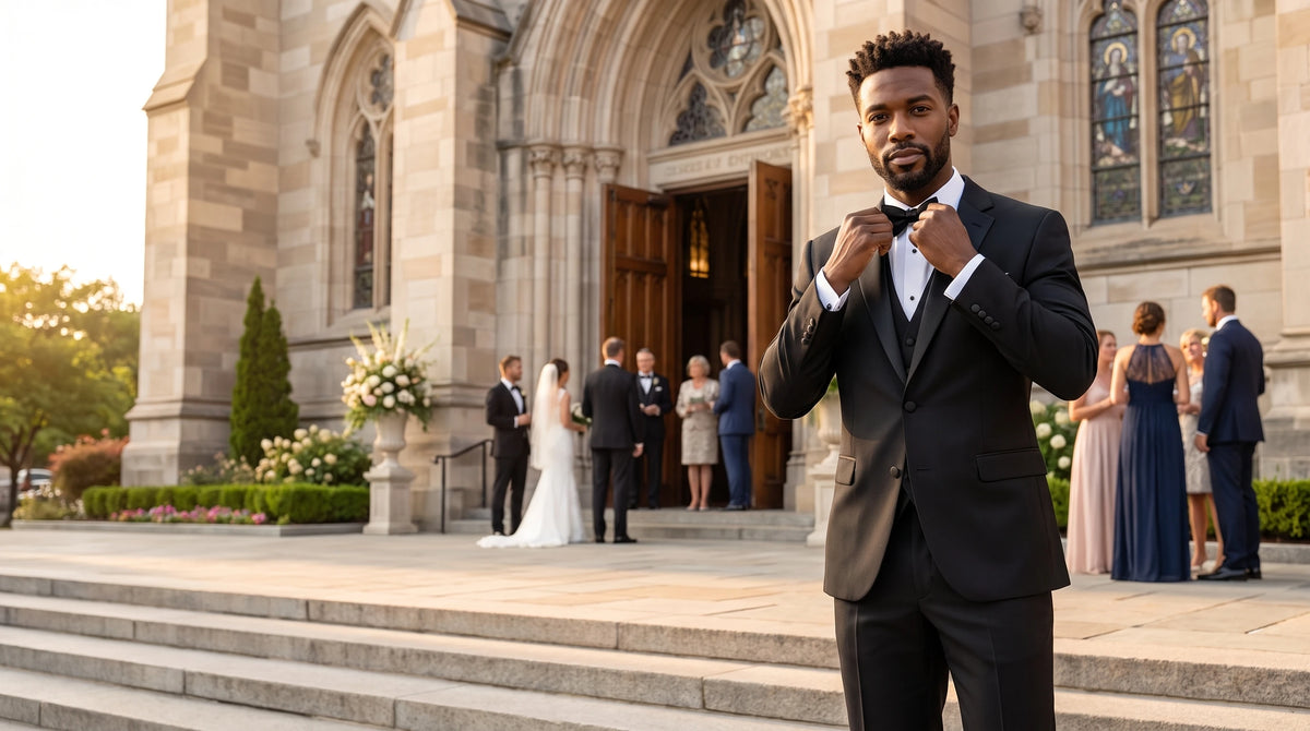 A man in a black tuxedo and white shirt stands on the steps of a stone church, adjusting his tie. Guests are visible in the background near the church entrance.