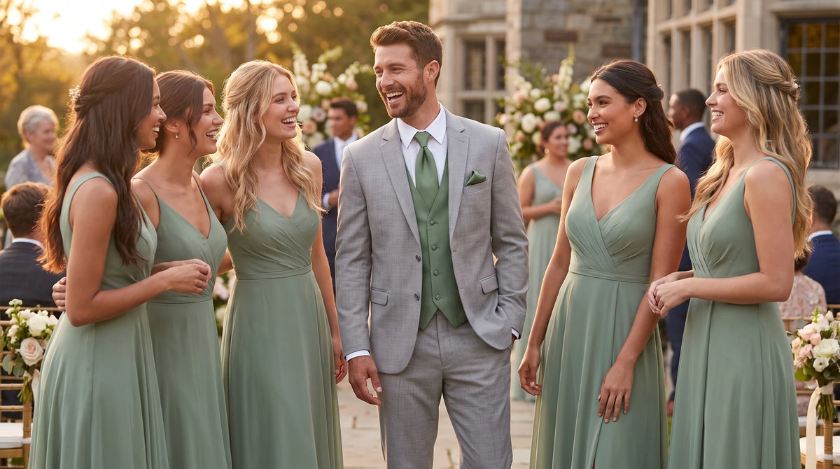 A man in a light gray suit with a green vest and tie stands among five bridesmaids wearing matching sage green sleeveless dresses at an outdoor wedding ceremony.