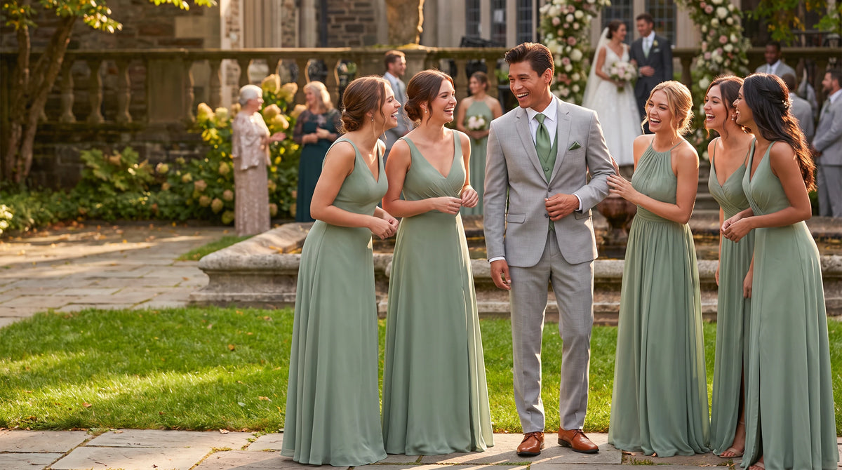 A wedding scene outdoors with a groom in a light gray suit and green tie standing among five bridesmaids in matching sage green sleeveless maxi gowns. Guests and a stone building are visible in the background.
