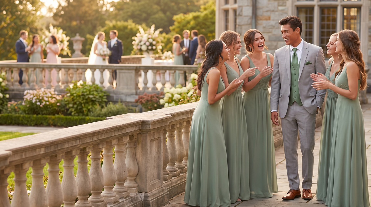 A group of bridesmaids in matching sage green sleeveless maxi dresses and a groom in a light gray suit and green tie stand together on a stone terrace at an outdoor wedding, with guests and a garden visible in the background.
