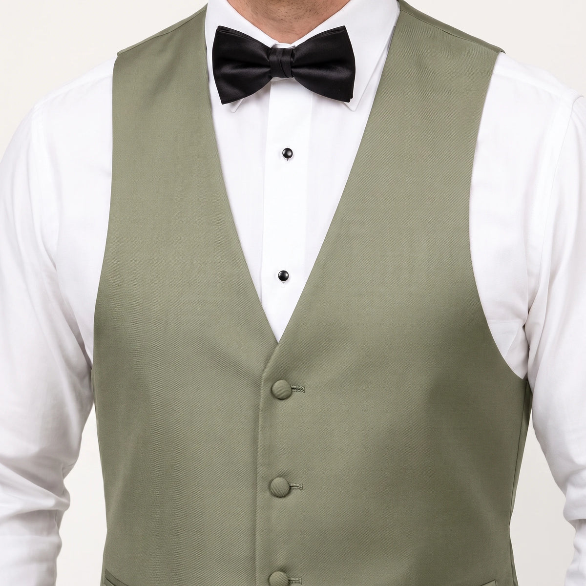 Olive green formal vest with a white dress shirt and black bow tie.