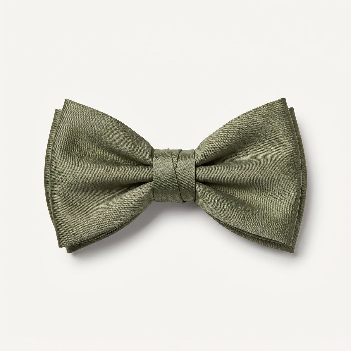 An olive green pre-tied bow tie with a satin-like finish, centered on a clean off-white background.