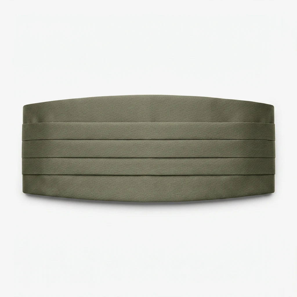 Olive green pleated cummerbund on a white background.