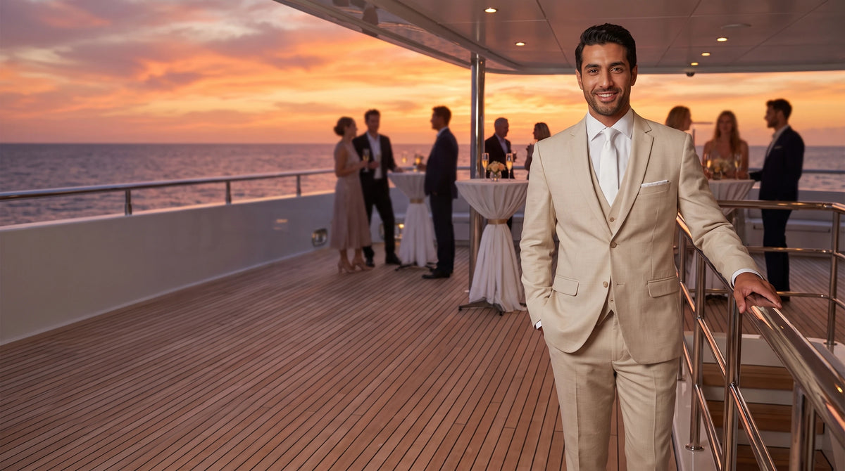 A man in a light beige suit and white tie stands on a yacht deck at sunset, with guests mingling in the background by the ocean.