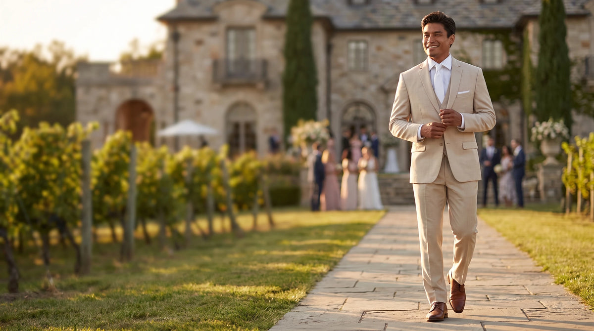 A man in a light beige suit and white shirt walks along a stone path toward the camera in a vineyard setting, with a large stone villa and blurred guests in the background.