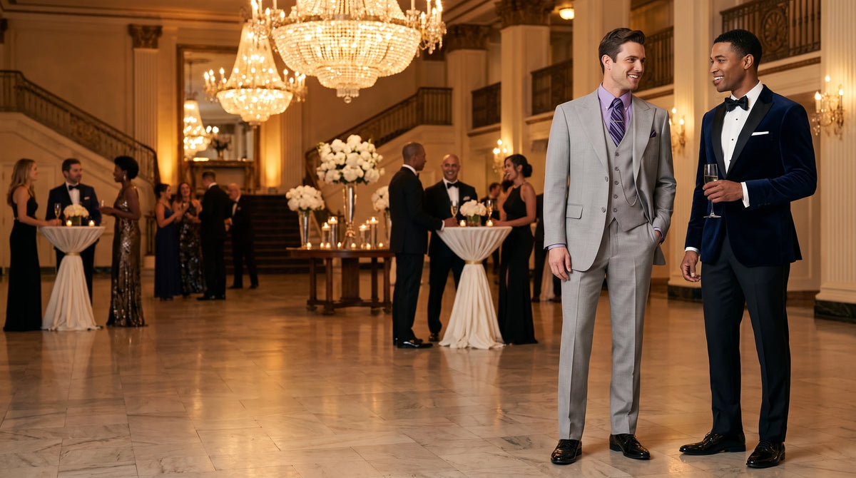 Two men in formal evening wear standing in a grand ballroom. One wears a light gray three-piece suit with a lavender-purple patterned tie, and the other wears a dark navy velvet tuxedo with a black bow tie and pocket square.